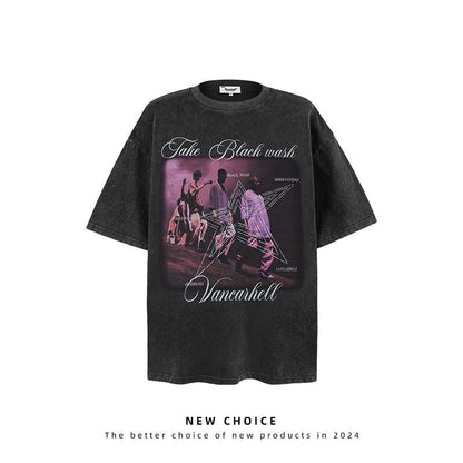 American vintage street T-shirt retro character print men's loose top