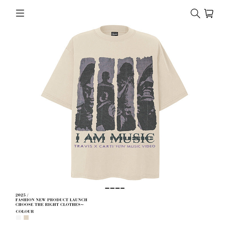 American vintage street T-shirt cotton men's summer loose