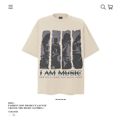 American vintage street T-shirt cotton men's summer loose