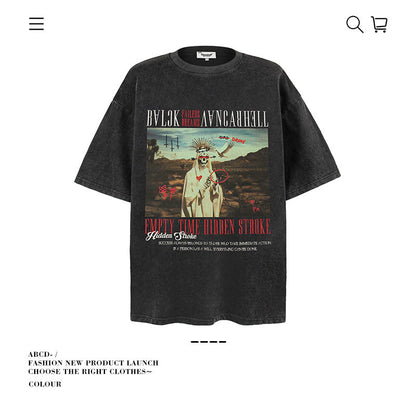 American vintage street T-shirt pure cotton retro men's and women's summer loose