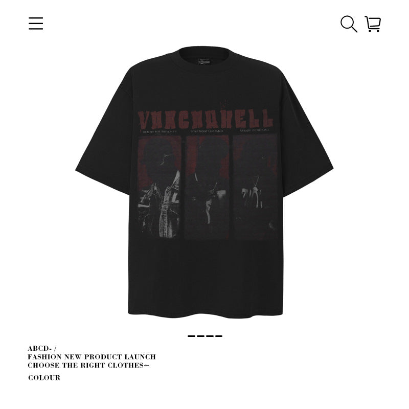 American vintage street T-shirt retro men's loose top