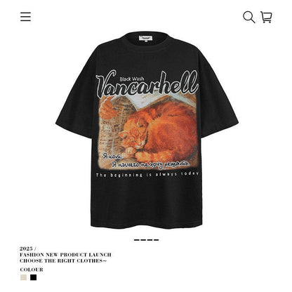 American vintage street T-shirt cotton men's summer loose