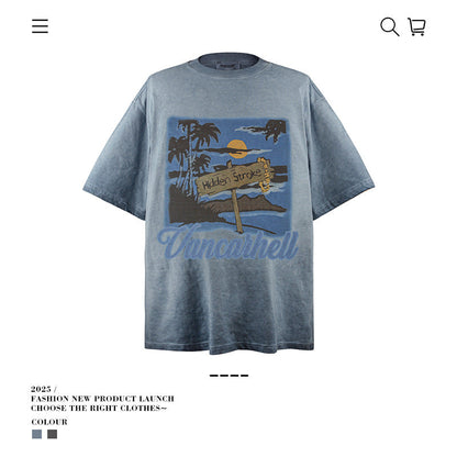 American vintage street T-shirt retro men's summer loose half-sleeved shirt
