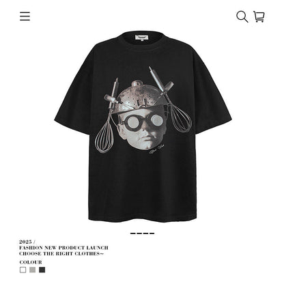 American vintage street T-shirt portrait print men loose half sleeve