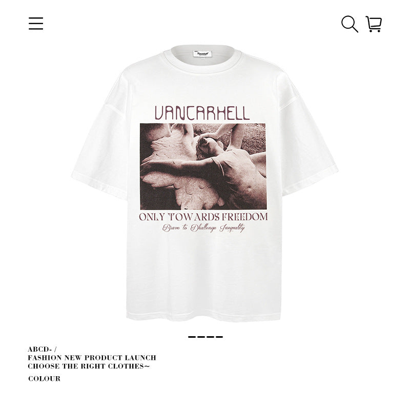 American vintage street T-shirt cotton vintage angel print men and women summer loose