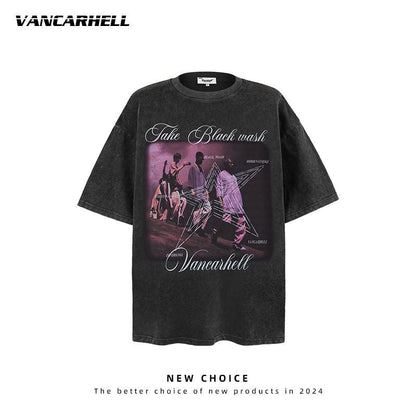 American vintage street T-shirt retro character print men's loose top