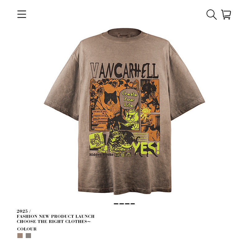 American vintage street T-shirt vintage men's summer loose half sleeve