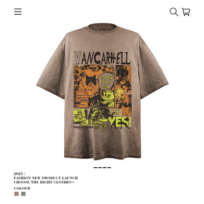 American vintage street T-shirt vintage men's summer loose half sleeve