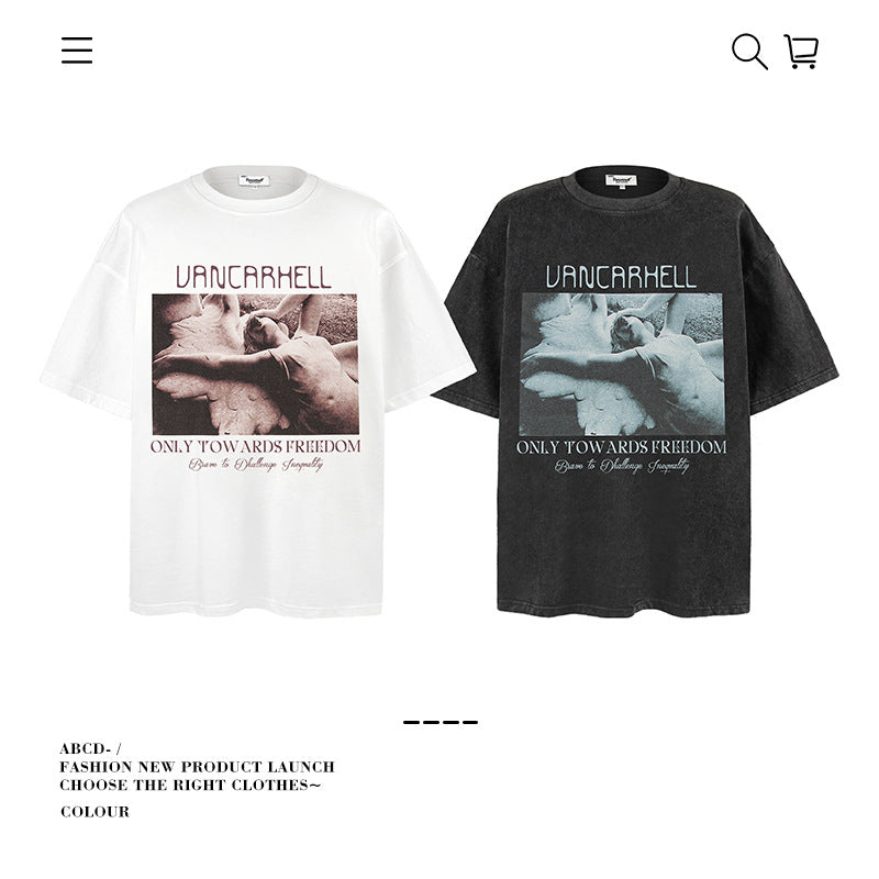 American vintage street T-shirt cotton vintage angel print men and women summer loose