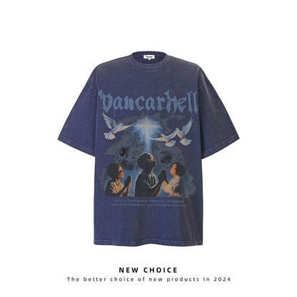 American vintage street T-shirt retro character print men's loose top