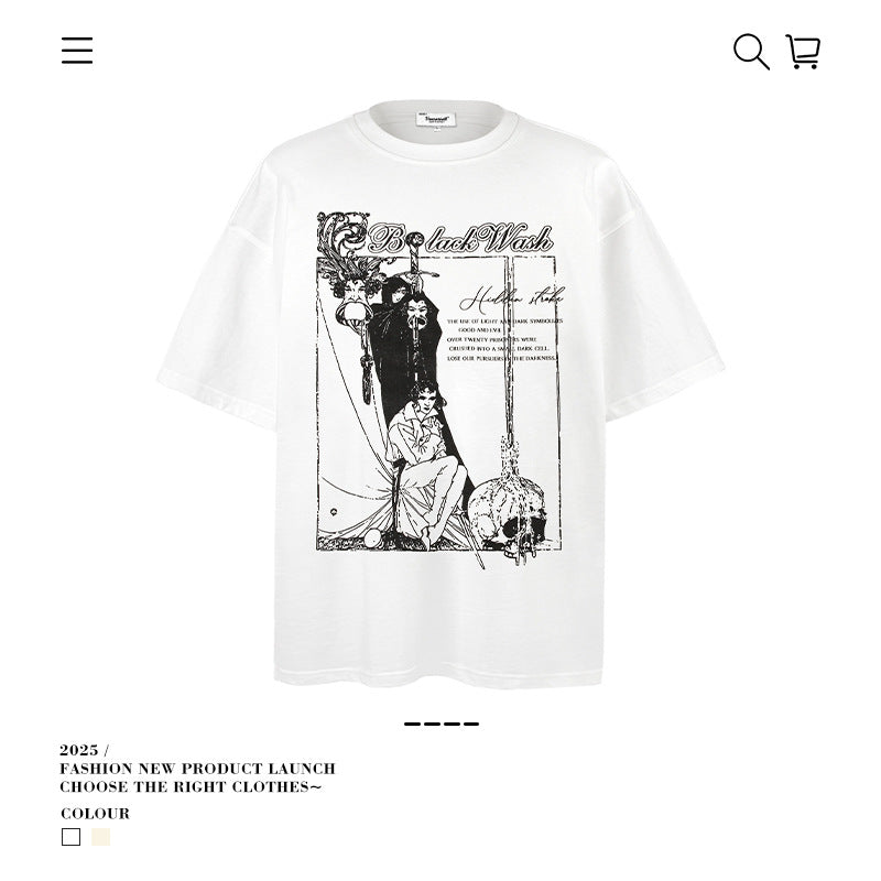 American vintage street T-shirt hand-painted character print men's summer loose half-sleeves