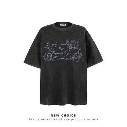 American vintage street T-shirt vintage angel tears print men's summer loose half sleeve