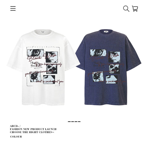 American vintage street T-shirt pure cotton retro men's and women's summer loose half sleeves