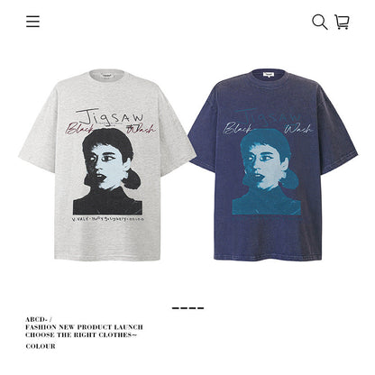 American vintage street T-shirt pure cotton retro men's and women's summer loose half sleeves