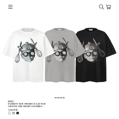 American vintage street T-shirt portrait print men loose half sleeve