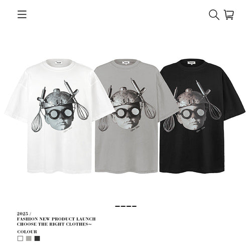 American vintage street T-shirt portrait print men loose half sleeve