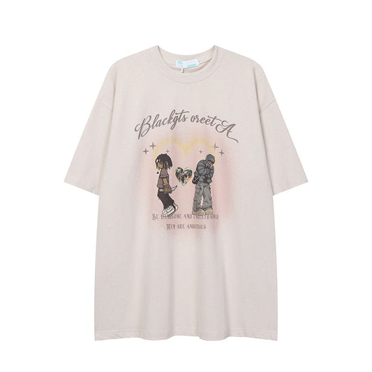 After Prom Shirt Women's Love T-shirt Retro Cartoon Printed Cotton Short Sleeve Men's Loose Ins
