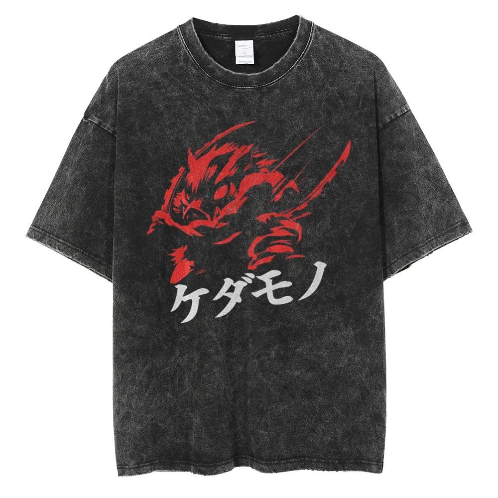 2024Men Vintage Black T Shirt Streetwear Harajuku Anime Print