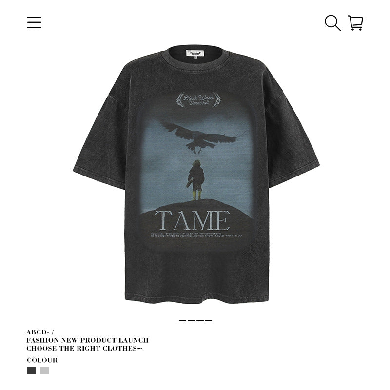 American vintage street T-shirt summer men's loose pure cotton