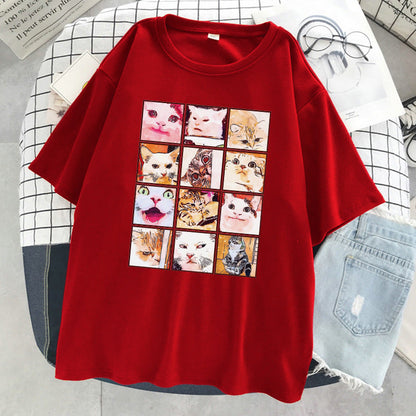 202412 Meme Cat Facial Expression Packs Print T-Shirt Women