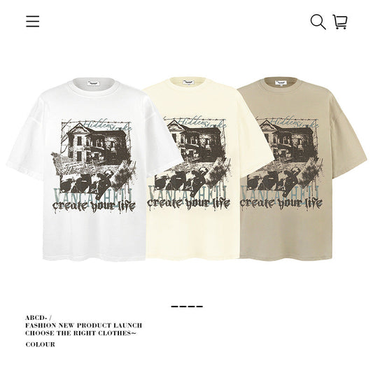 American vintage street T-shirt graffiti print men and women summer loose pure cotton