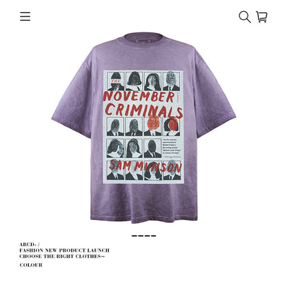 American vintage street T-shirt cotton vintage character print men and women summer loose
