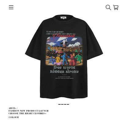 American vintage street T-shirt cotton cartoon character print men and women summer loose