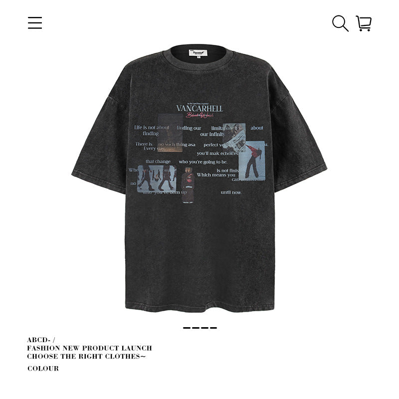 American vintage street T-shirt pure cotton retro men's and women's summer loose half sleeves