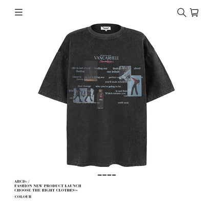 American vintage street T-shirt pure cotton retro men's and women's summer loose half sleeves