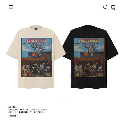 American vintage street T-shirt cotton cartoon print men and women summer loose