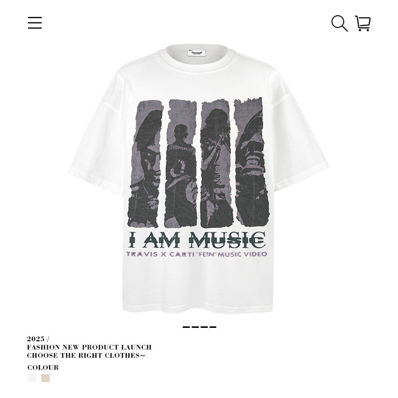 American vintage street T-shirt cotton men's summer loose