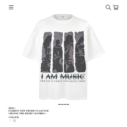American vintage street T-shirt cotton men's summer loose