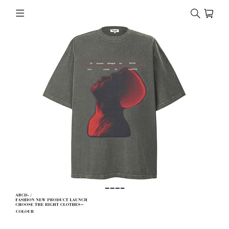 American vintage street T-shirt pure cotton retro portrait print men and women summer loose half sleeves