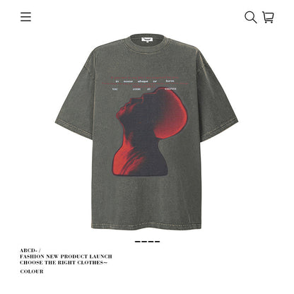 American vintage street T-shirt pure cotton retro portrait print men and women summer loose half sleeves