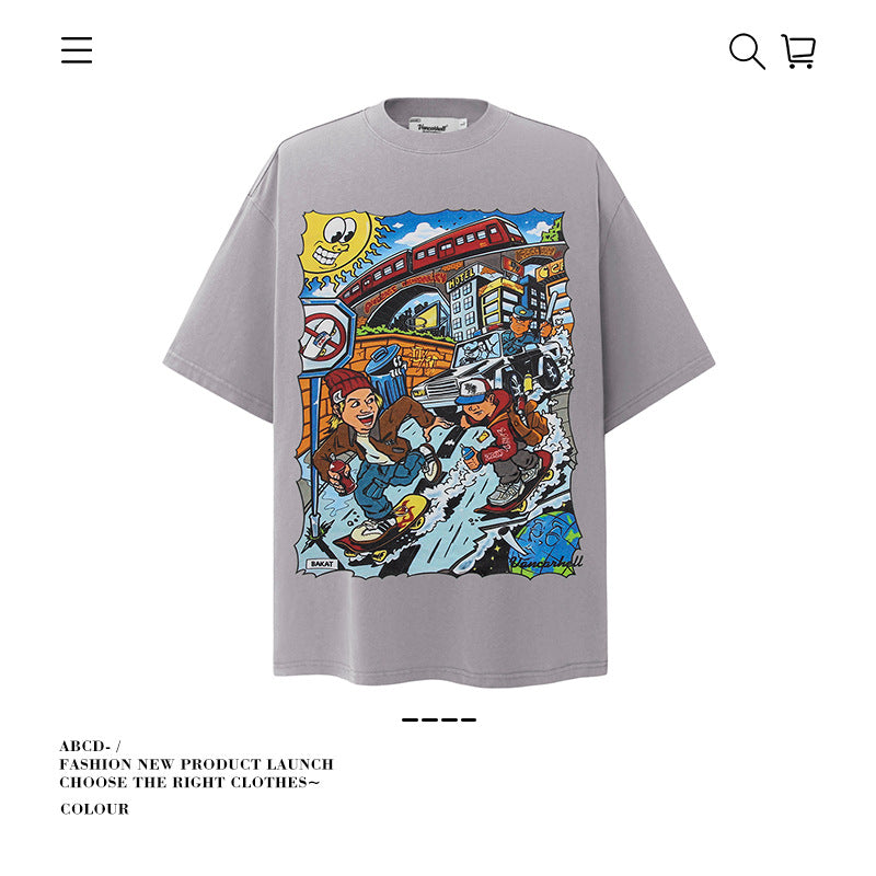 American vintage street T-shirt cotton fun cartoon print men and women summer loose half sleeve