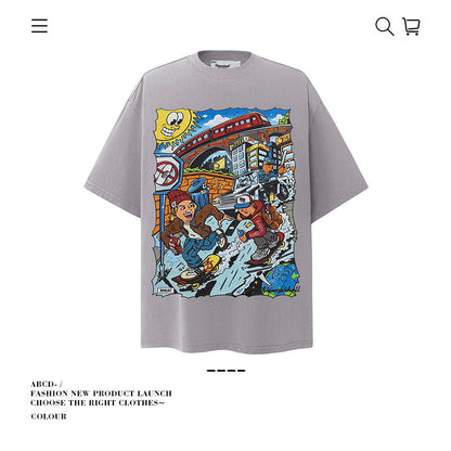 American vintage street T-shirt cotton fun cartoon print men and women summer loose half sleeve