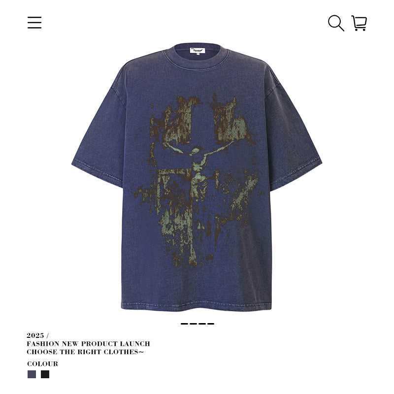 American vintage street T-shirt pure cotton men's and women's summer loose retro half-sleeves