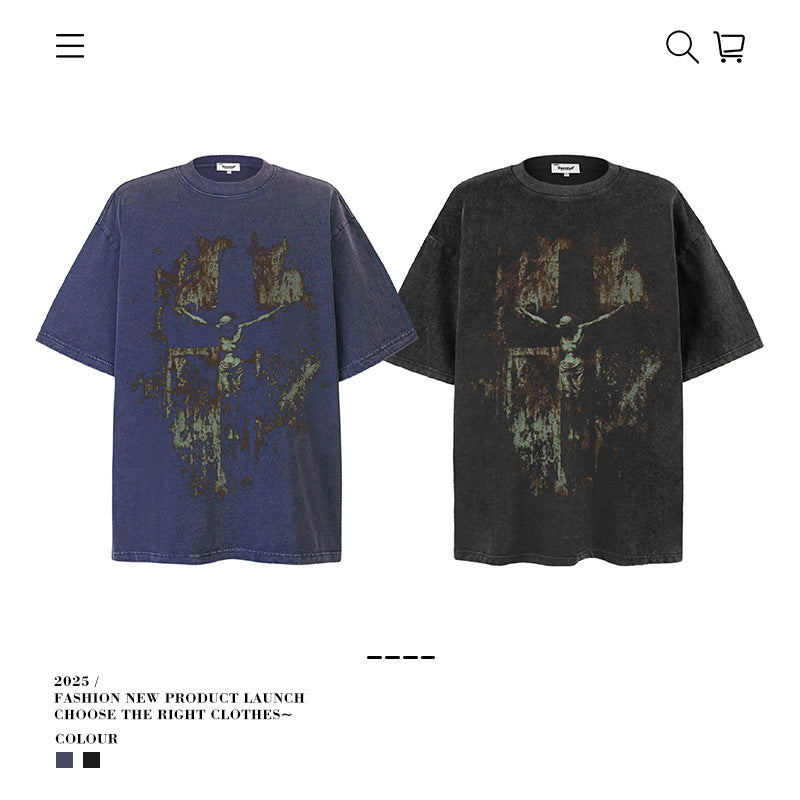 American vintage street T-shirt pure cotton men's and women's summer loose retro half-sleeves