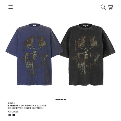 American vintage street T-shirt pure cotton men's and women's summer loose retro half-sleeves