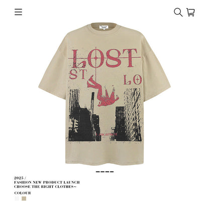 American vintage street T-shirt pure cotton retro men's and women's summer loose