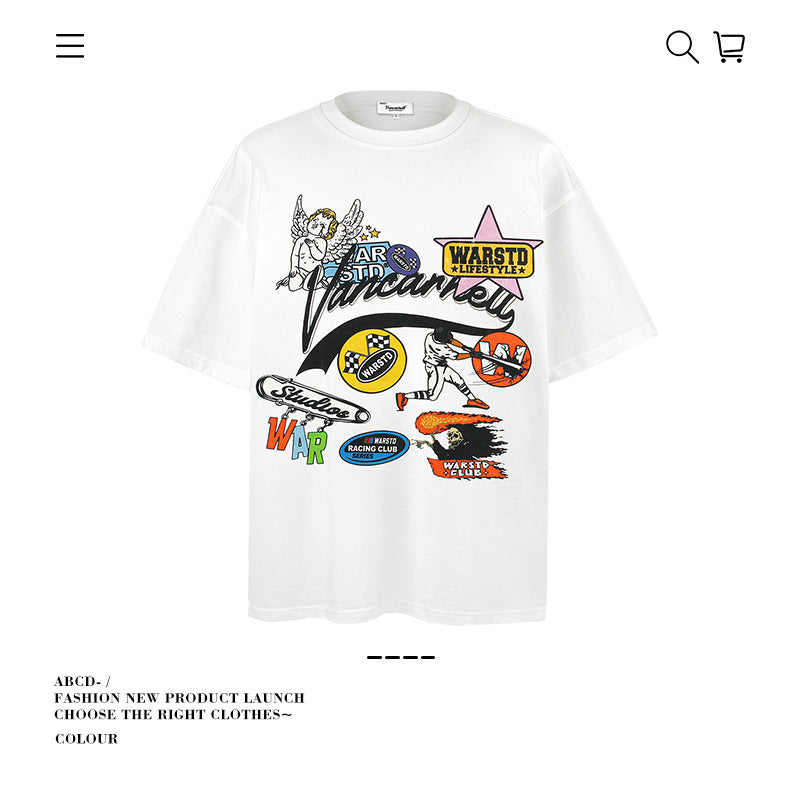 American vintage street T-shirt pure cotton men's and women's summer loose
