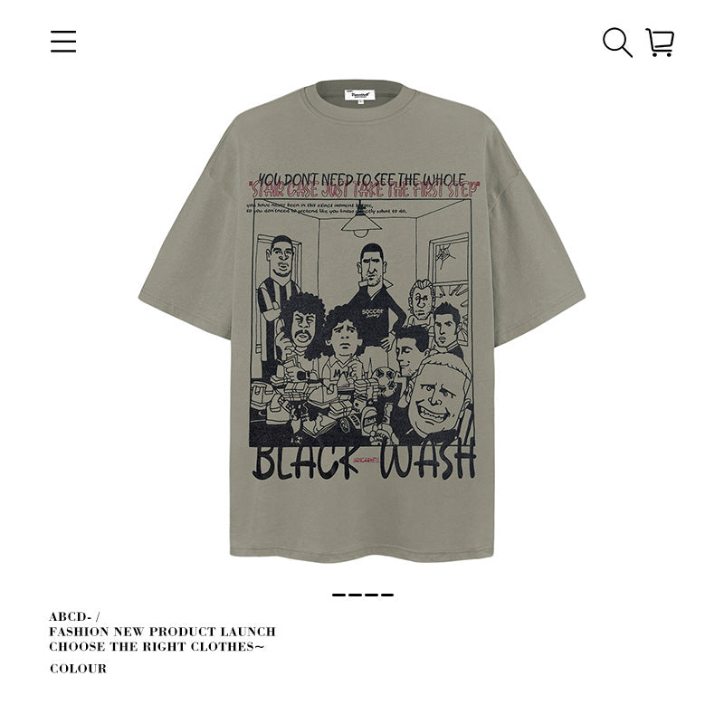 American vintage street T-shirt cotton fun cartoon print men and women summer loose