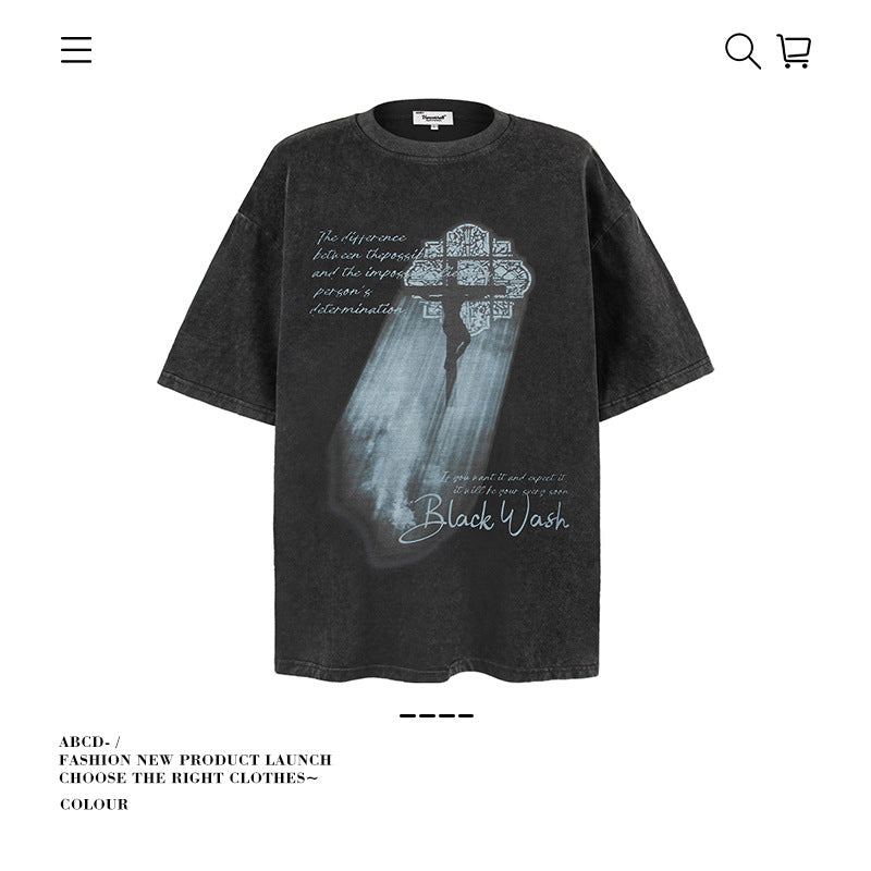 American vintage street T-shirt pure cotton retro men's and women's summer loose half sleeves