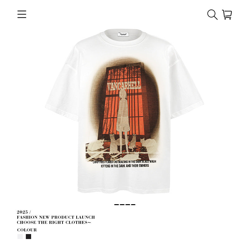 American vintage street T-shirt summer men's loose pure cotton