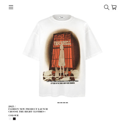American vintage street T-shirt summer men's loose pure cotton