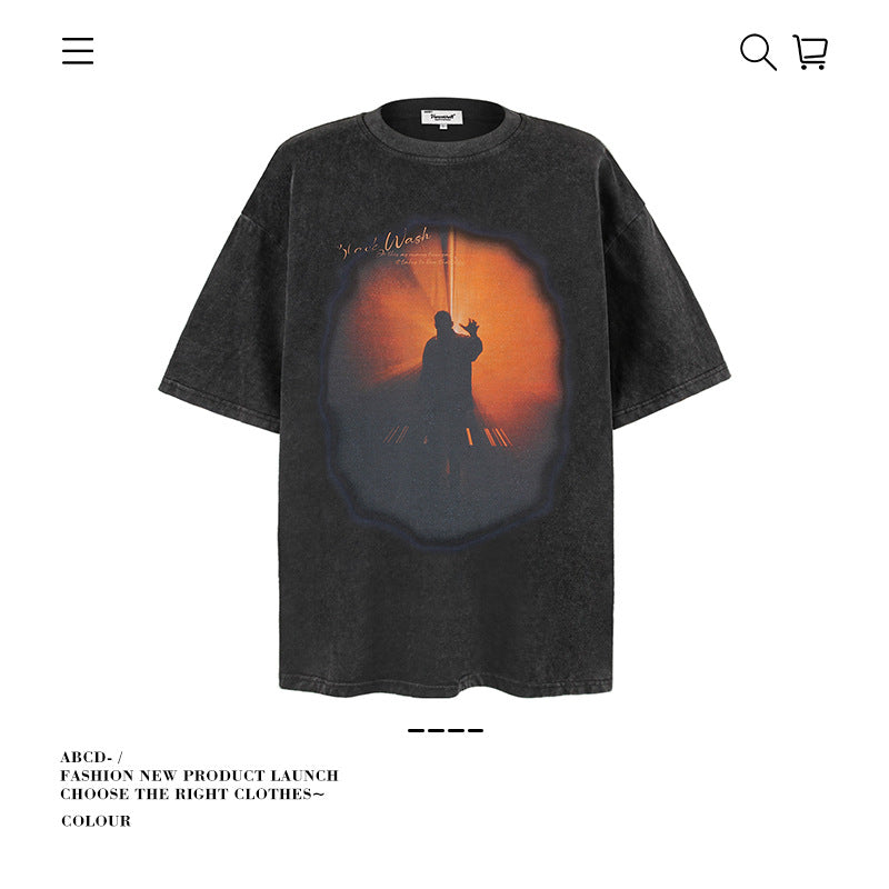 American vintage street T-shirt summer men's loose pure cotton