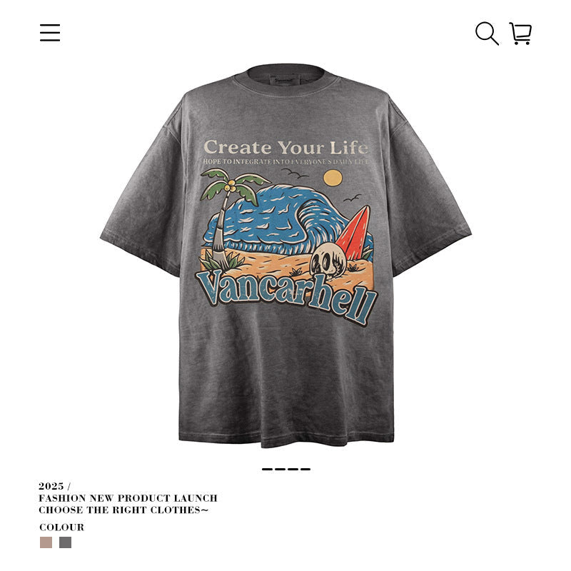 American vintage street T-shirt retro men's loose half sleeve