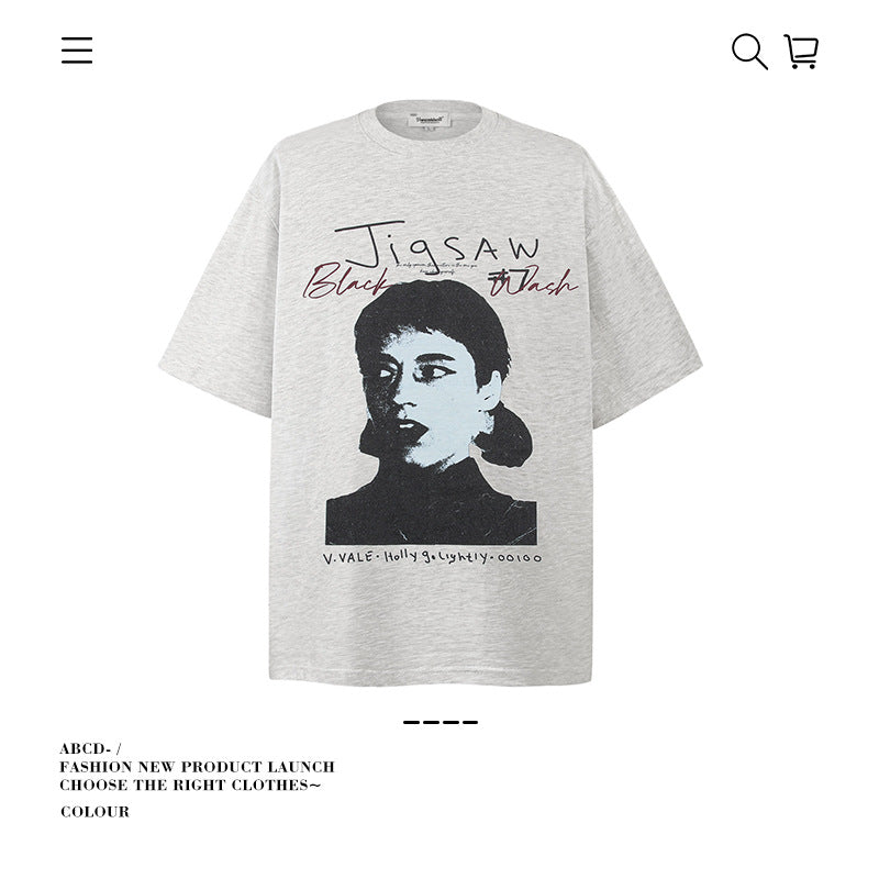 American vintage street T-shirt pure cotton retro men's and women's summer loose half sleeves