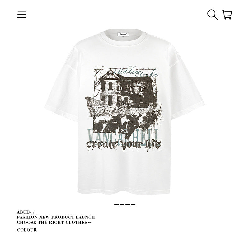 American vintage street T-shirt graffiti print men and women summer loose pure cotton