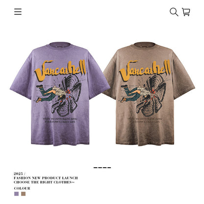American vintage street T-shirt retro men's summer loose cotton five-quarter sleeves
